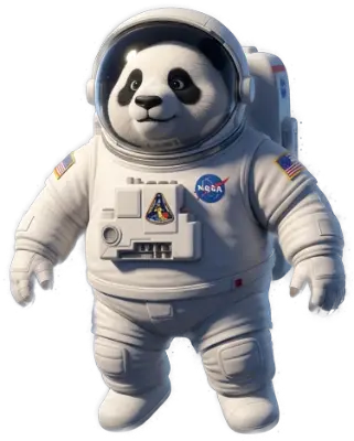 Giant panda in a spacesuit standing on the Moon.