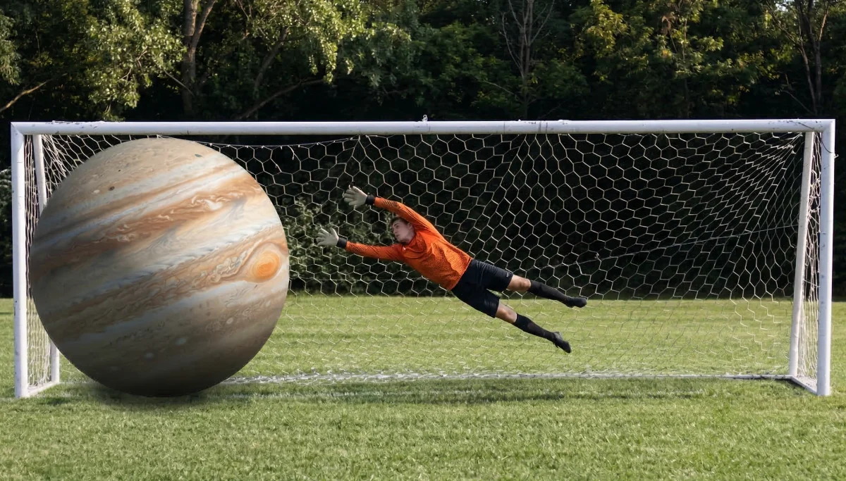 Jupiter in a football goal, with a goalkeeper diving towards it.