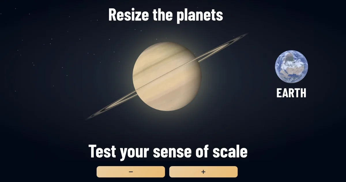 Image of the quiz game, two buttons controlling the size of Jupiter compared to Earth.
